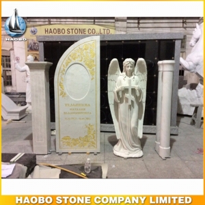 White Marble Angel Headstone With Carved Cross